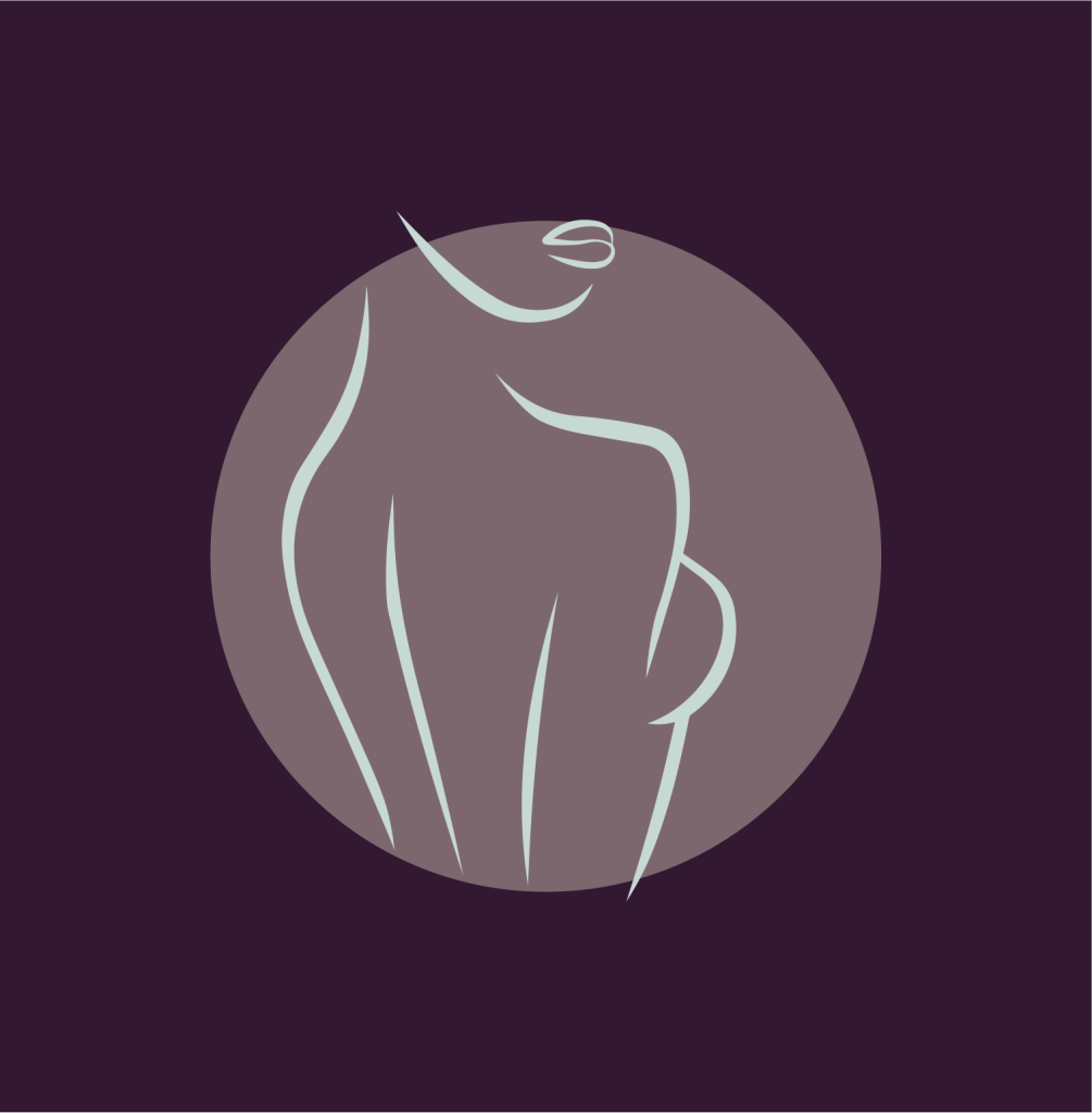 Purple background with a paler purple circle in the middle with a white minimalist outline of a female-ish body